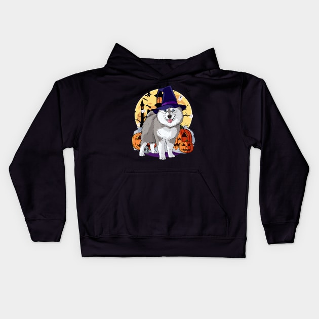 Pomsky Happy Halloween Witch Pumpkin Kids Hoodie by Noseking